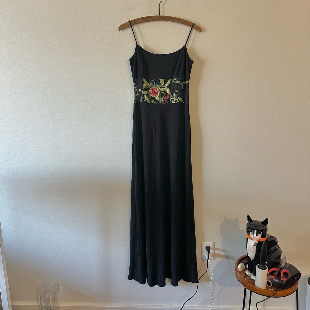 Vintage Kay Unger Beaded Floral Panel Black Maxi Gown Dress 4 90s